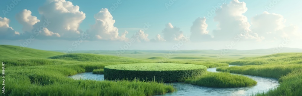 Obraz premium Circular grass podium in a tranquil green field with a winding river. Empty product stand for presentation in a serene natural landscape. Eco pedestal concept on a summer day with a clear blue sky.