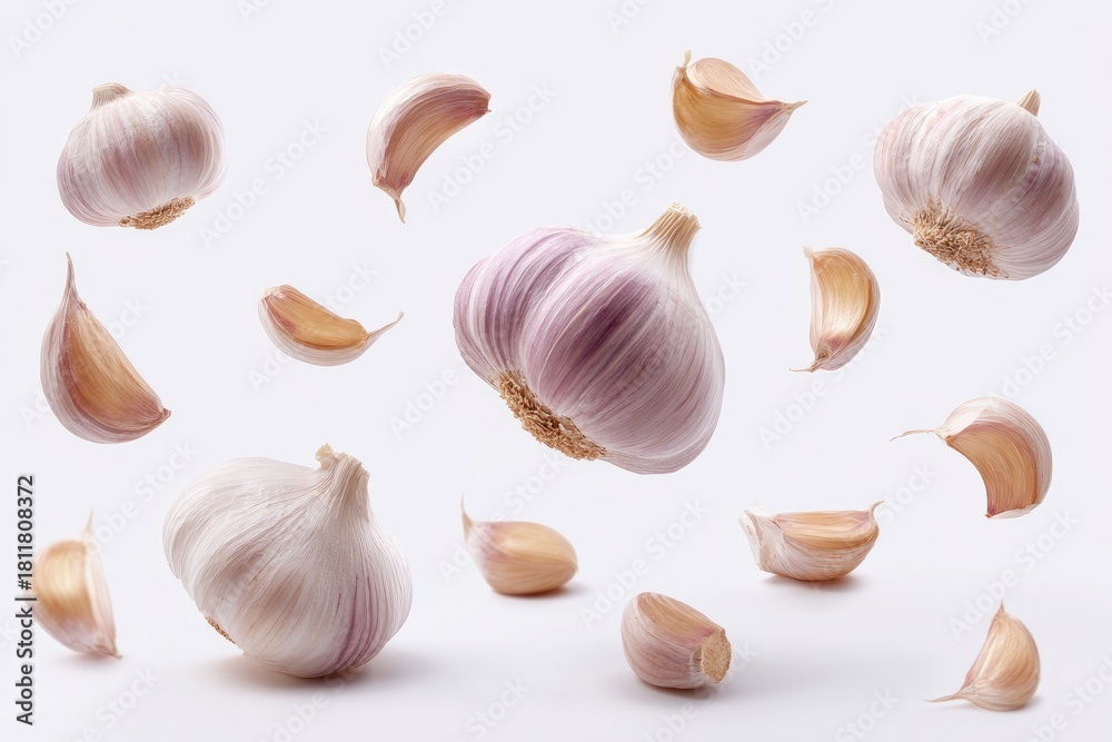 Fototapeta premium Fresh garlic bulbs and cloves, levitating against a white background