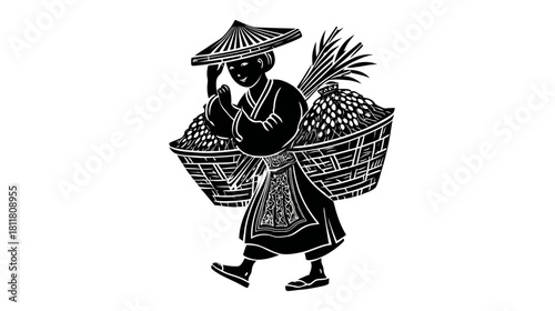 Traditional Asian Worker Illustration Carrying Harvest in Baskets with Conical Hat, Depicting Rural Agriculture and Market Culture
