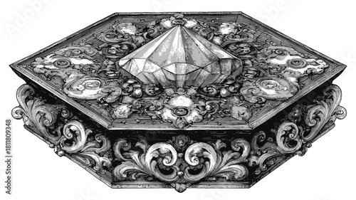 Detailed Vintage Engraved Hexagonal Jewelry Box with Sparkling Faceted Diamond, Decorative Art Illustration