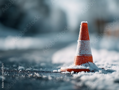Snow-covered traffic cone on an icy winter road, symbolizing snowfall alert, hazardous conditions and reduced visibility for drivers. Cinematic winter minimalism