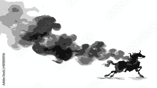 Dynamic black horse running illustration with a dramatic smoky trail, symbolizing power, speed, and mystery in monochrome art.