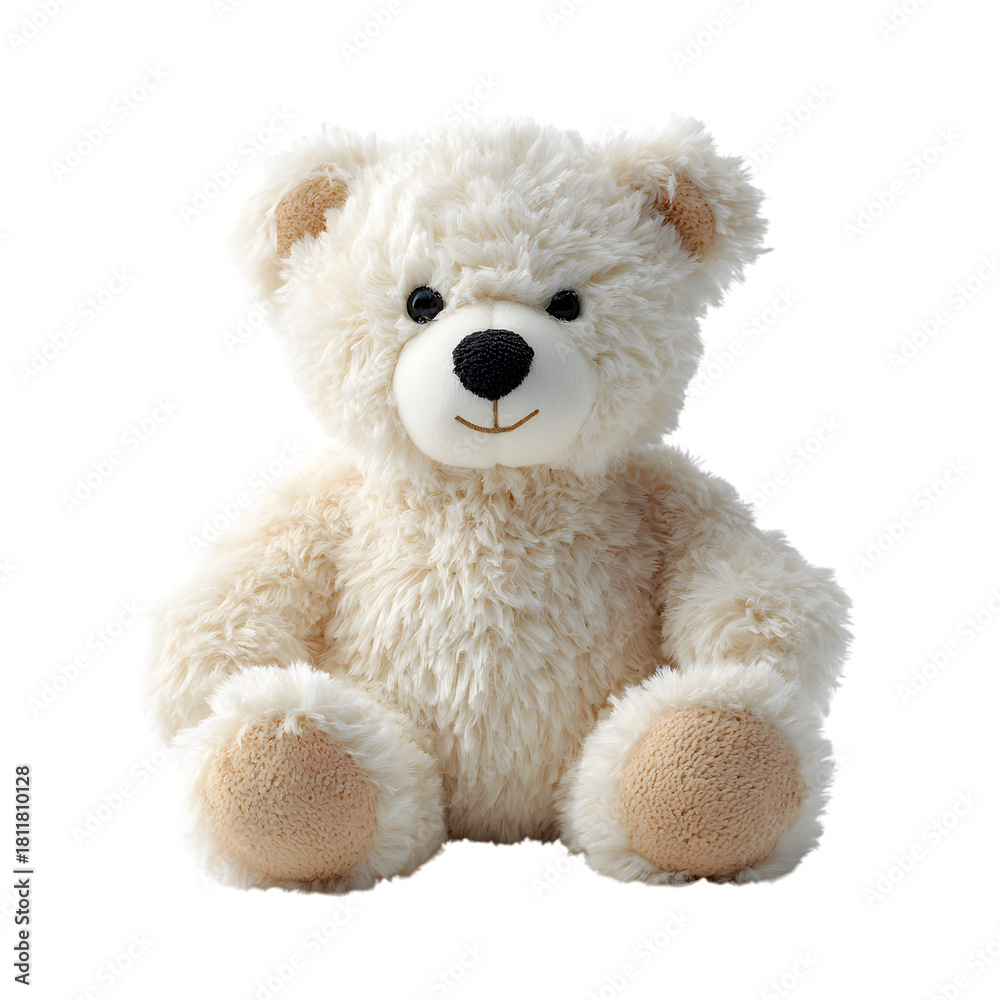 Obraz premium Cute and Fluffy White Teddy Bear Stuffed Animal Sitting Isolated on Transparent Background
