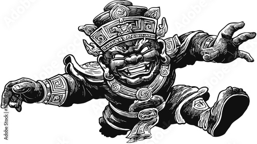 Dynamic illustration of an angry mythical guardian warrior. Traditional Asian folklore creature with ornate armor, crown, and fierce expression.