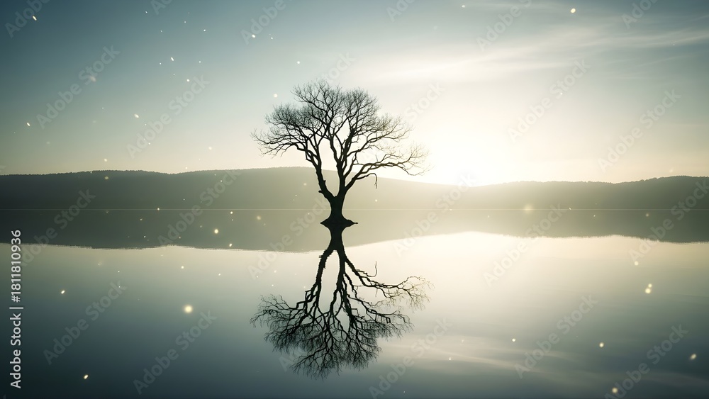 Obraz premium Ethereal Solitary Tree Reflection in Still Water - Tranquil Nature Healing Landscape