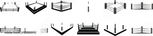 Boxing ring icons, wrestling stage design, fighting arena illustration, combat sports equipment, martial arts ring vector, cad drawing flat vector illustration