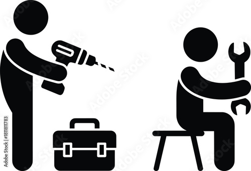 Worker using drill, mechanic with wrench, repair tools illustration, construction equipment design, handyman vector silhouette, cad drawing flat vector illustration