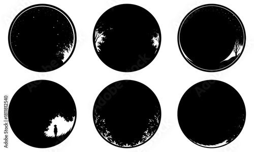 Six oval frames showcasing nature scenes including trees stars and a solitary figure in black silhouette