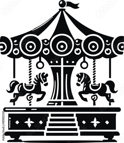Vintage carousel with horses, amusement park ride, fairground attraction, entertainment symbol, carnival design, black silhouette, cad drawing flat vector illustration