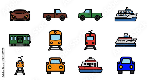 Various transportation vehicles including cars trucks trains and boats on tracks and water