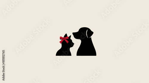Minimalist silhouette of a friendly cat with a red bow and a dog, symbolizing pet companionship, love, and animal friendship.