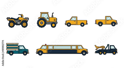 Yellow and black utility vehicle icons including tractor pickup truck limousine and tow truck on white background
