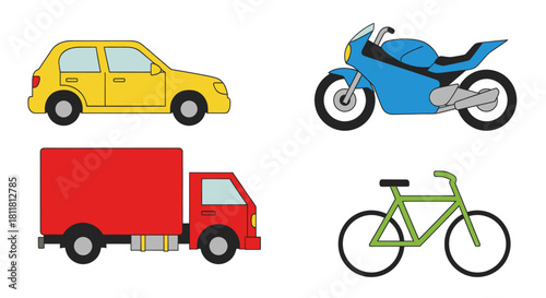 yellow car blue motorcycle red truck green bicycle on white background
