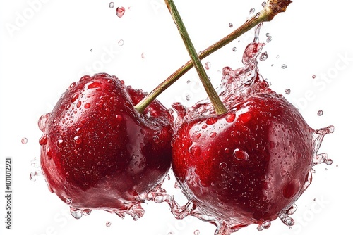 Two ripe cherries in mid-air, surrounded by water splashes