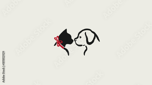 Sweet minimalist line art illustration of a cat and dog looking at each other, symbolizing pet friendship and animal care.
