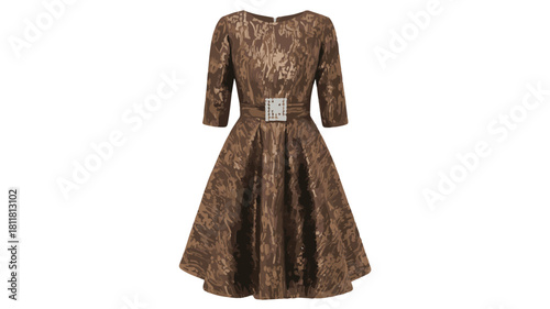 Brown textured midi dress with three-quarter sleeves and a decorative belt on a white background Keywords: brown dress, midi dress, textured fabric, three-quarter sleeves