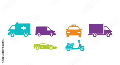 ambulance van taxi truck car scooter icons set on white background