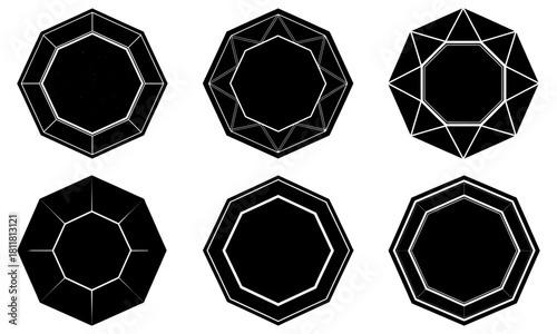Six black and white gemstone illustrations with varying facet patterns and outline styles displayed