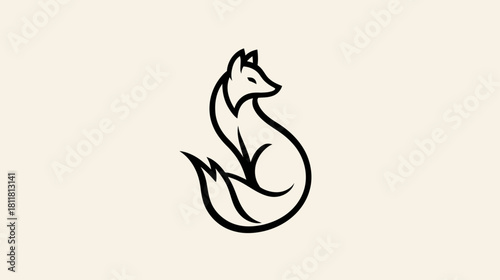 Minimalist black line art illustration of a graceful fox in a seated pose, elegant animal logo design, simple wildlife vector graphic