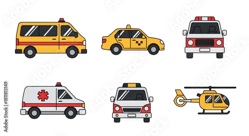 ambulance van taxi truck fire engine helicopter emergency vehicle icons set