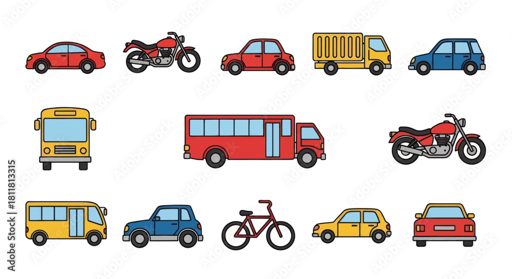 Naklejka premium Collection of colorful cartoon vehicles including cars motorcycles buses and bicycles