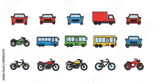 Collection of colorful vehicle icons including cars trucks motorcycles and bicycles