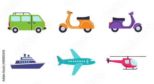 colorful van scooter boat plane helicopter icons on white background
