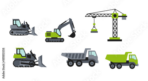 Construction vehicles including bulldozer excavator crane dump truck on white background