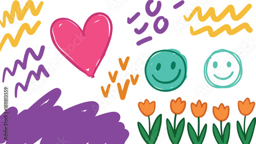 Colorful playful hand-drawn doodles heart smile tulips pattern
