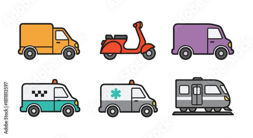 Delivery van scooter and train icons in flat design style on white background
