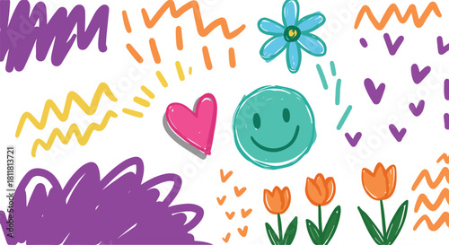 Cheerful hand-drawn doodles pattern, vibrant artistic kids design
