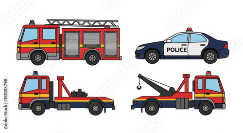 Fire truck police car tow truck and crane truck illustrated on white background