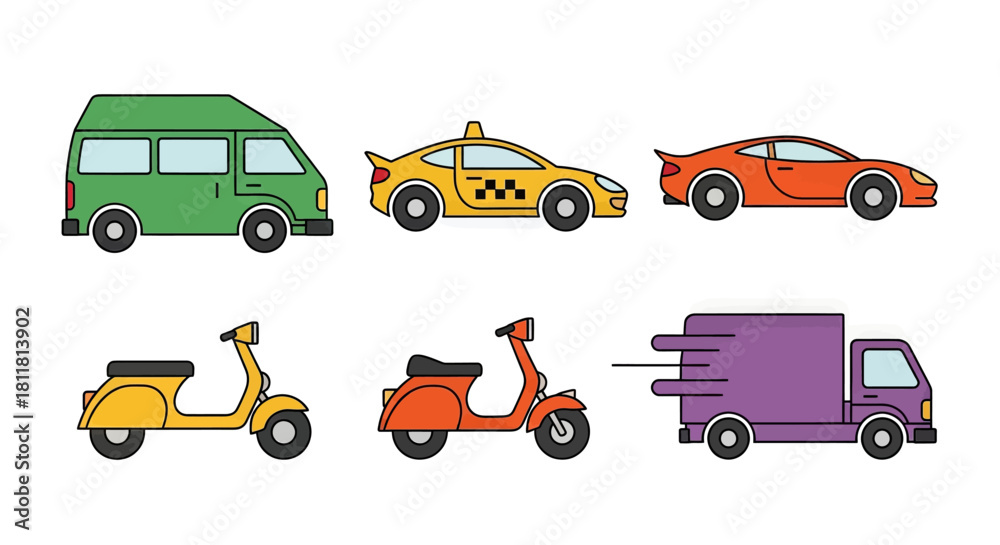 Naklejka premium Green van yellow taxi red sports car yellow scooter orange scooter purple delivery truck