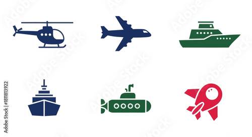 helicopter airplane yacht ship submarine rocket icons set