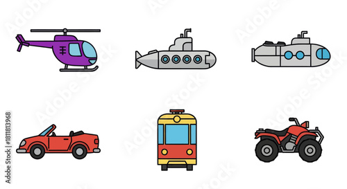 helicopter submarine car tram atv vehicle icons set isolated on white background
