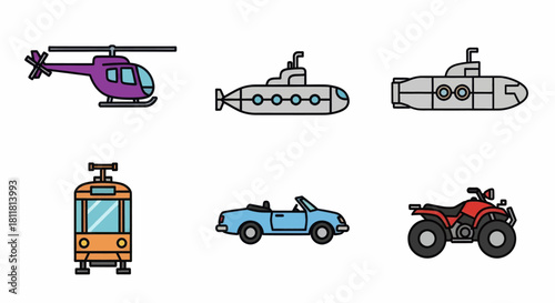 helicopter submarine tram convertible car all terrain vehicle transportation icons isolated on white background
