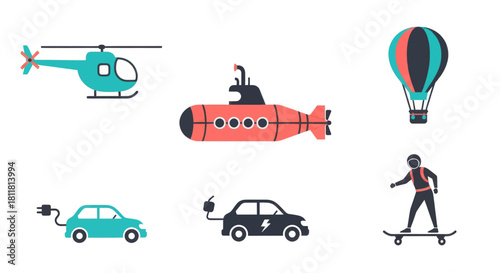 Helicopter submarine hot air balloon electric car skateboarder transportation icons set