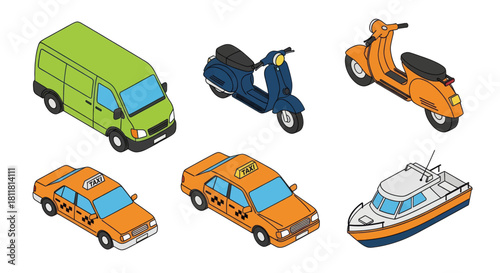 Isometric illustration of taxi van scooter boat and car vehicles on white background