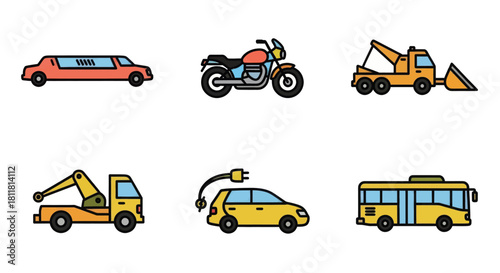 limousine motorcycle tow truck crane truck electric car bus icons set