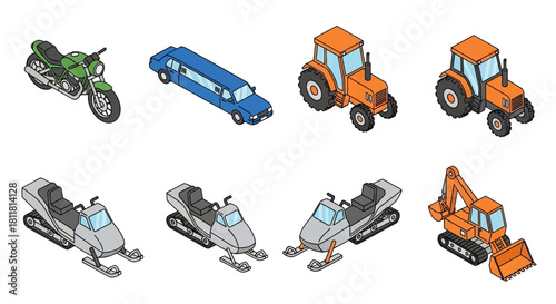 Motorcycle limousine tractor snowmobile and excavator vehicles isolated on white background