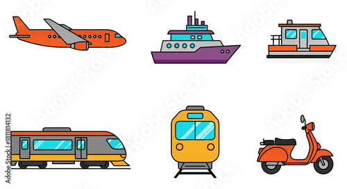orange airplane purple ship orange boat gray train yellow train orange scooter