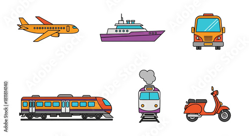 orange airplane purple yacht yellow bus orange train steam train red scooter on white background
