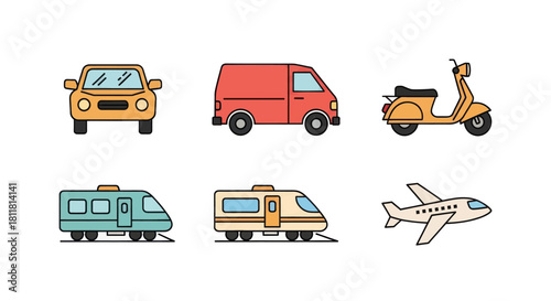 orange car red van yellow scooter teal camper beige airplane on white background
