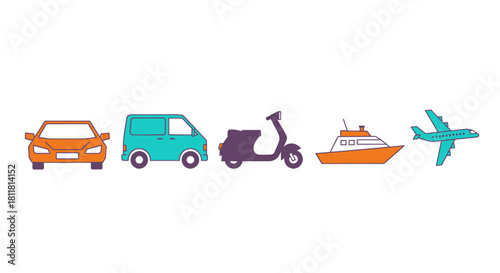 orange car turquoise van purple scooter orange boat blue airplane on white background