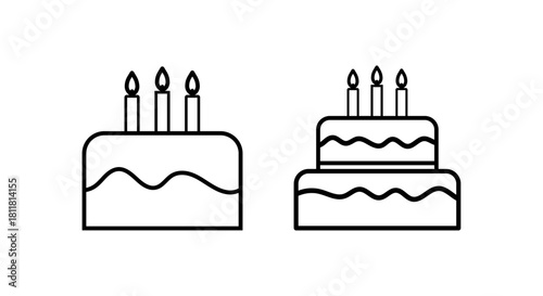 Set of two birthday cake icons with burning candle illustration