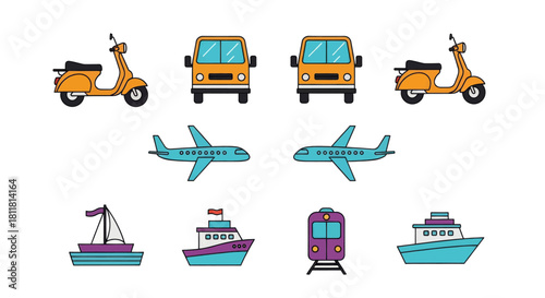Orange scooter orange van blue airplane purple train sailboat and cargo ship icons on white background