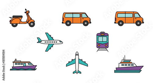 orange scooter van airplane train boat ferry transportation icons on white background