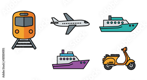 orange train on tracks white airplane teal boat purple ship yellow scooter