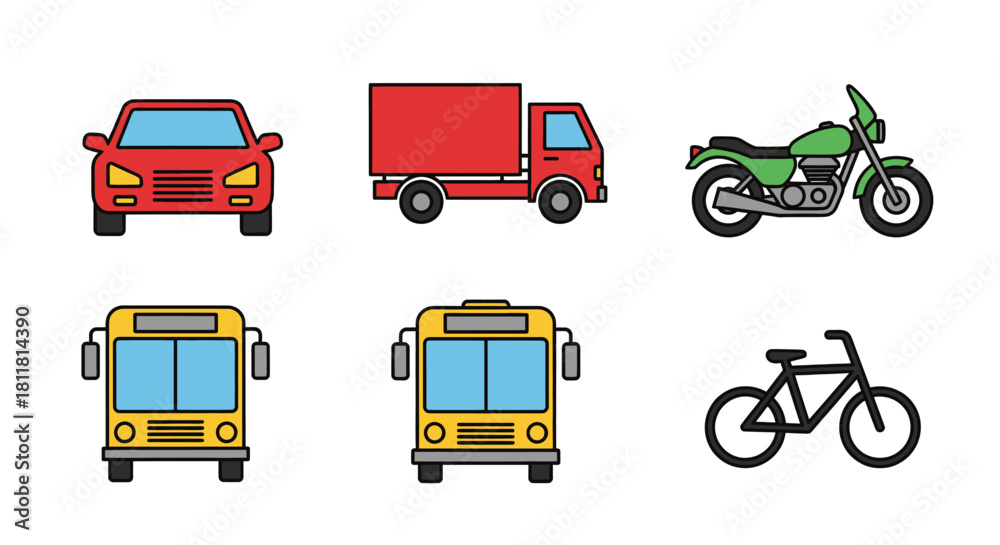 Naklejka premium red car red truck green motorcycle yellow bus black bicycle on white background
