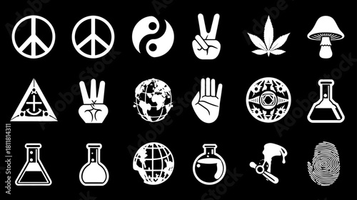Diverse set of peace, spiritual, science, and counter-culture symbols and icons. White vector illustrations on black background.